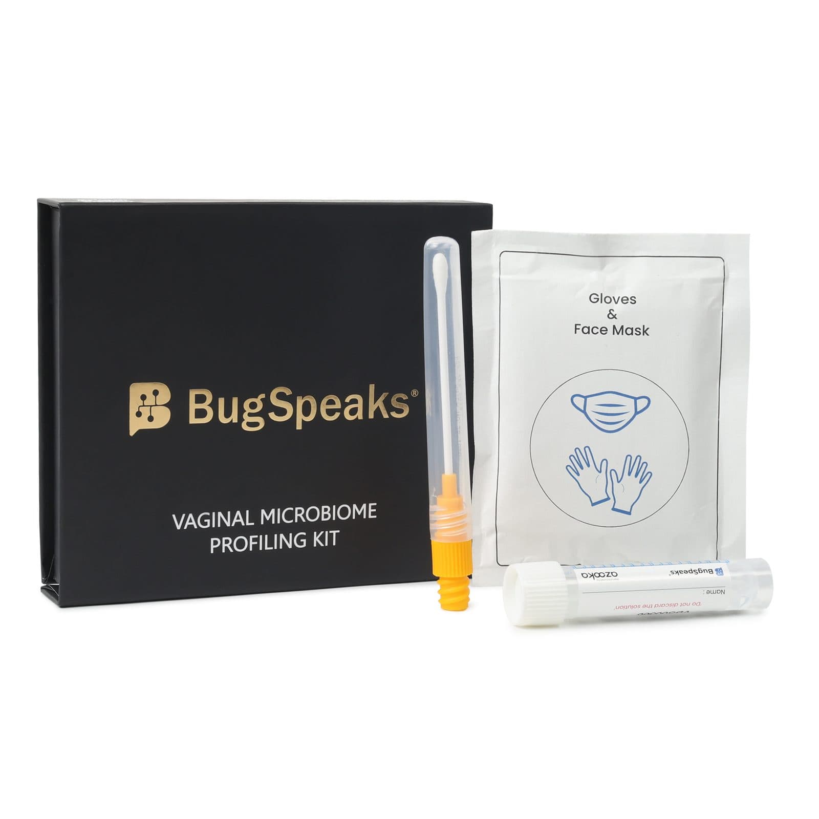 Комплектът BugSpeaks за вагинален микробиом: кутия, ръкавици, тампон и епруветка