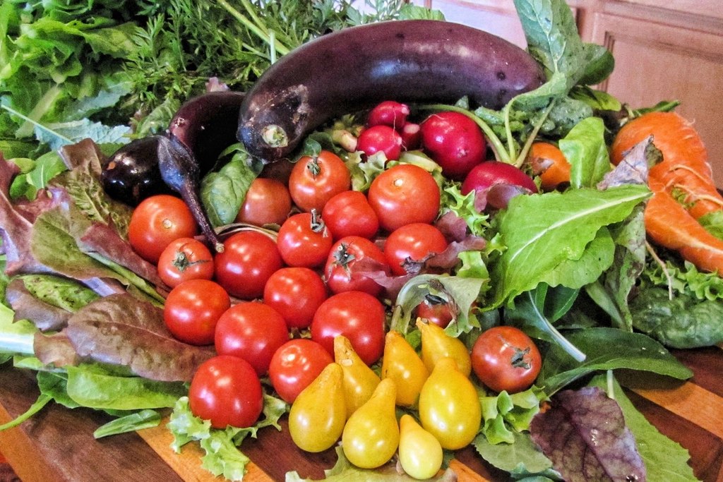 Домати, патладжани, репички, моркови и зелени салати върху дървена дъска